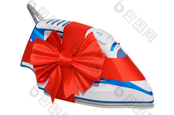 礼物概念电蒸汽铁红色的丝带弓呈现孤立的白色背景