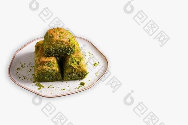 胡桃木阿月浑子土耳其风格Antep果仁蜜饼演讲果仁蜜饼土耳其厨房孤立的背景照片