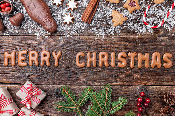 节日圣诞节木背景糖果装饰