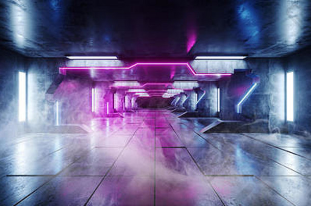 烟紫外线蓝色的紫色的未来主义的三角形外星人宇宙飞船霓虹灯发光的黑暗长大大厅走廊隧道难看的东西混凝土反光平铺的弗洛