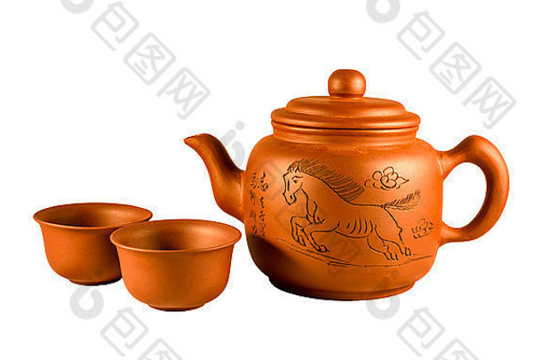 中国人粘土茶壶茶杯