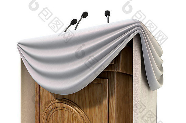 木演讲讲台上小麦克风附加装饰通用的白色隔声材料孤立的白色以某