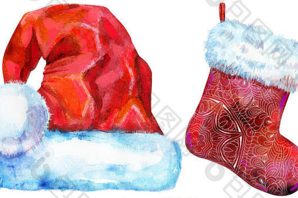 圣诞节圣诞老人红色的他袜子礼物水彩插图