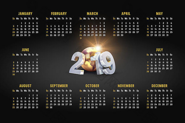 日历黑色的背景一年日期组成黄金地球周开始周日