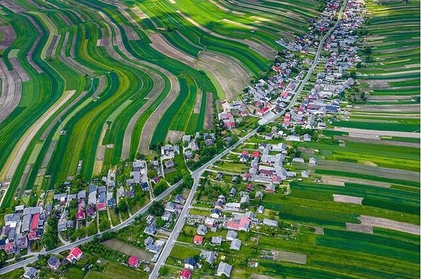 波兰空中视图绿色农业字段村景观字段波兰典型的波兰的景观