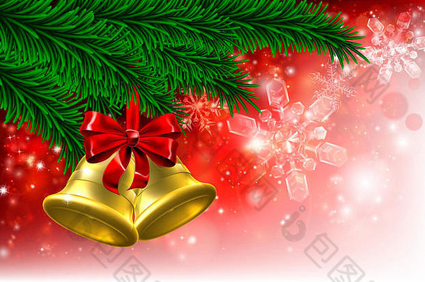 红色的圣诞节树黄金钟装饰点缀挂树雪花背景