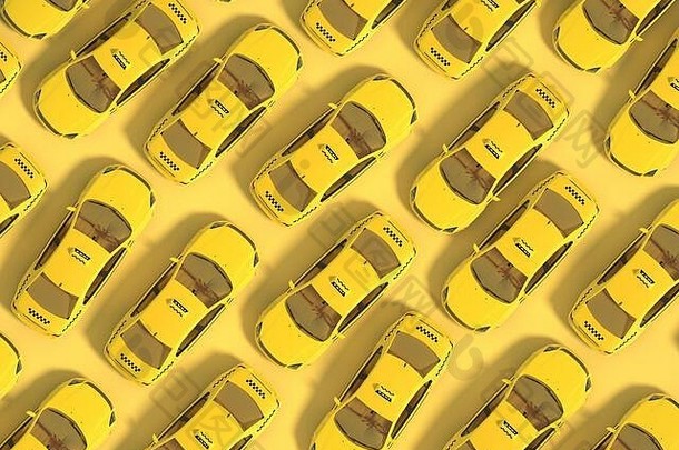 很多黄色的出租车汽车黄色的背景移动不规律地前视图呈现