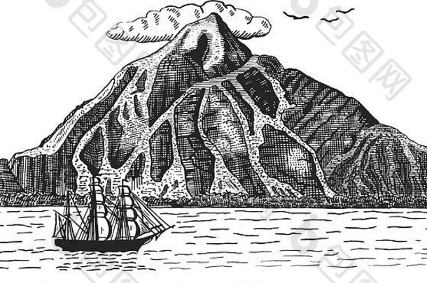 海洋海船帆火山山手画景观插图刻海盗