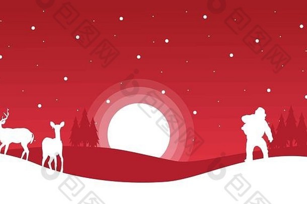 红色的背景圣诞老人驯鹿景观