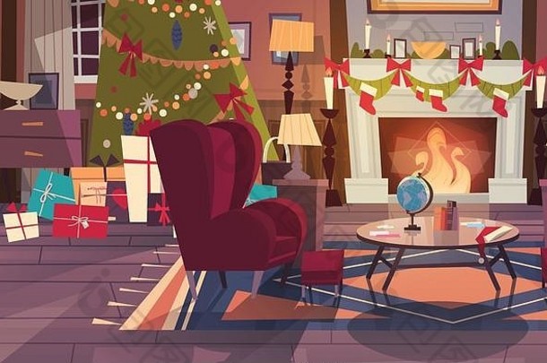 空扶手椅装饰松树壁炉首页室内装饰圣诞节一年假期概念