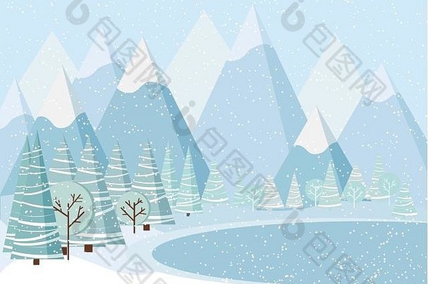 美丽的圣诞节冬天景观背景山雪树梳理冻湖