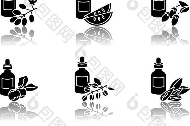 头发油下降影子黑色的字形图标集鳄梨美产品喀拉哈里沙漠瓜种子本质玻璃Jar椰子石油容器孤立的