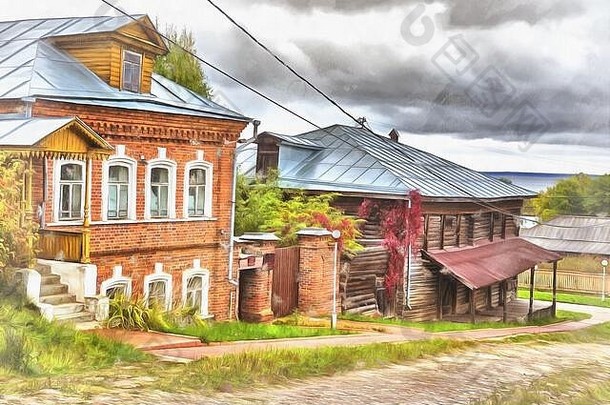 古董木房子色彩斑斓的绘画尤里维茨伊凡诺沃地区俄罗斯