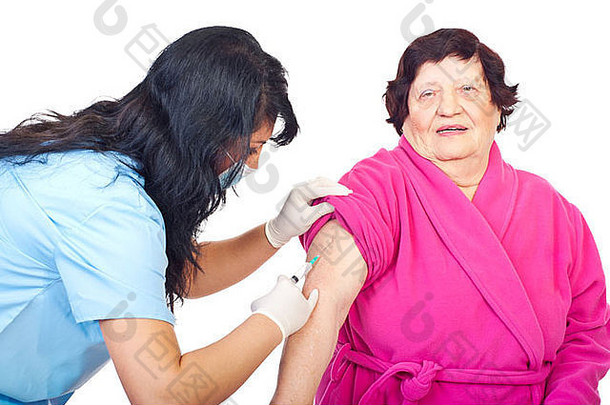 护士女人保护面具手套疫苗上了年纪的女人病人