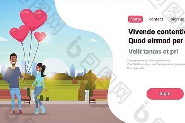男人。给女人粉红色的心形状空气气球快乐情人节一天概念非洲美国夫妇爱城市城市公园城市景观背景