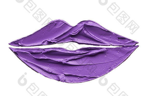 紫色的化妆涂片唇光泽孤立的白色背景紫色的口红纹理孤立的白色背景钢网嘴唇使破碎的purpl