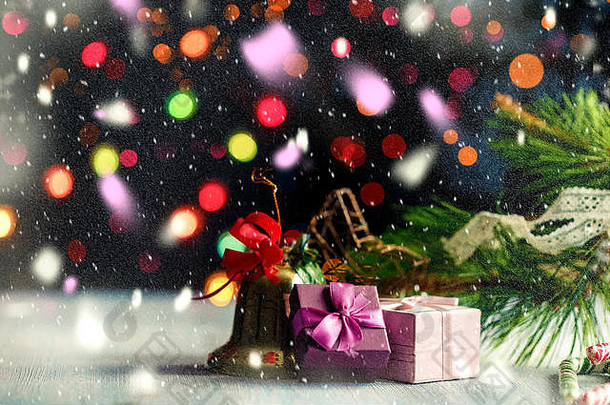 圣诞节一年的概念礼物灯笼贝尔散景木背景警察