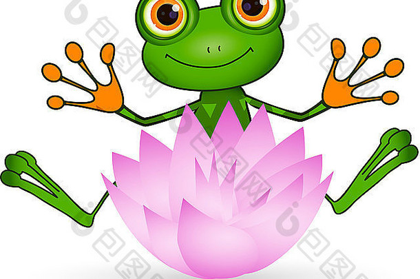 插图可爱的绿色青蛙莲花花