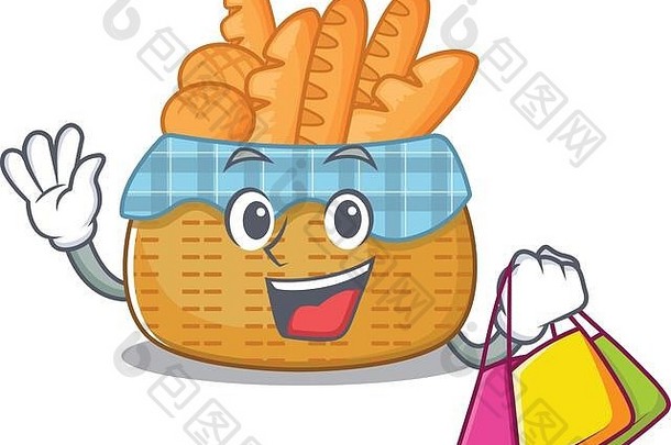 快乐丰富的面包篮子吉祥物设计挥舞着持有购物袋