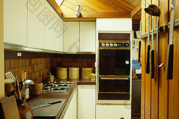 眼睛水平烤箱山毛榉镶天花板六十年代厨房扩展刀存储山毛榉镶墙