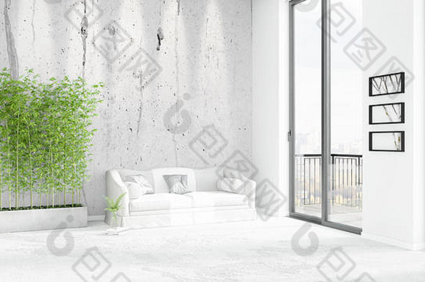 品牌白色阁楼卧室最小的风格室内设计Copyspace<strong>墙</strong>视图窗口呈现