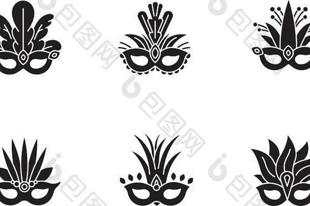 化妆舞会面具黑色的字形图标集白色空间传统的头饰羽毛少数民族节日巴西国家假期轮廓