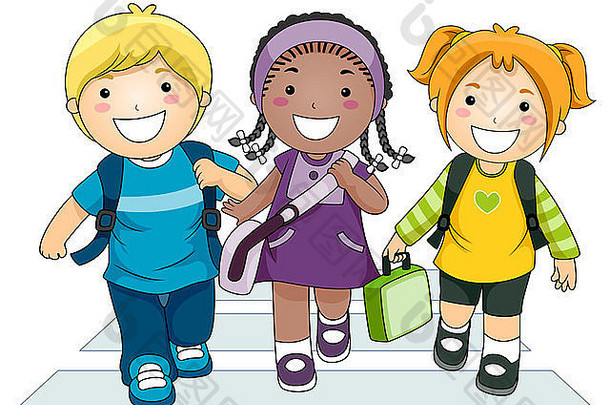 插图特色小集团孩子们穿越街学校