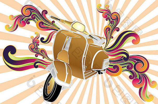 复古的踏板车色彩斑斓的漩涡手画插图