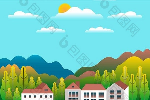 山山景观房子农场平风格设计森林谷插图美丽的绿色字段草地树蓝色的天空