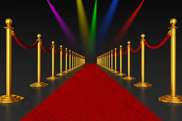 红色的地毯柱子红色的绳子背景闪烁的灯渲染