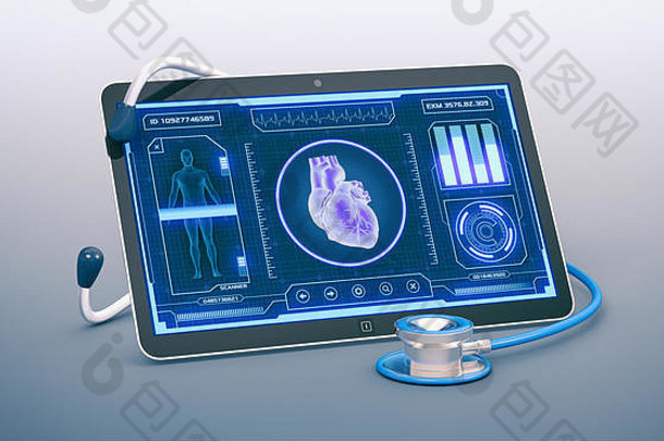 平板电脑未来主义的应用程序接口医疗科学目的人类心扫描仪渲染