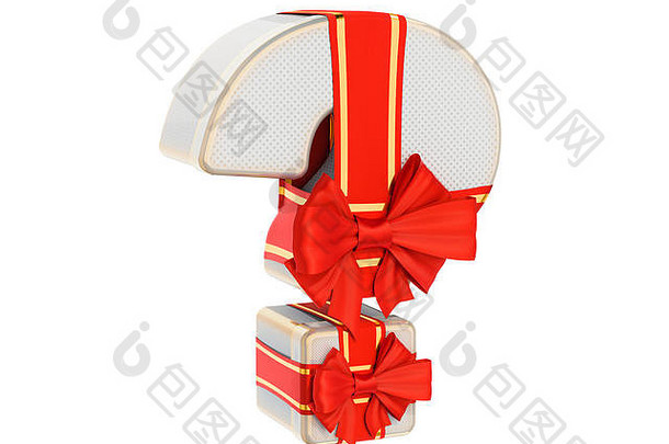 礼物盒子形状的问题马克红色的丝带弓礼物现在问题概念呈现孤立的白色背景