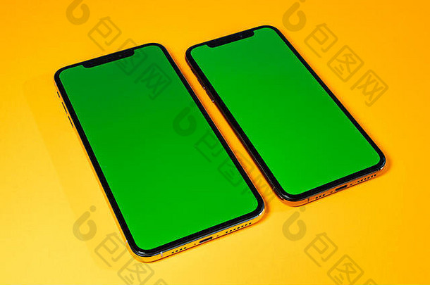 绿色浓度关键移动斯马特芙妮英雄对象明亮的迷人的现代霓虹灯流行橙色背景智能手机准备好了插入应用程序