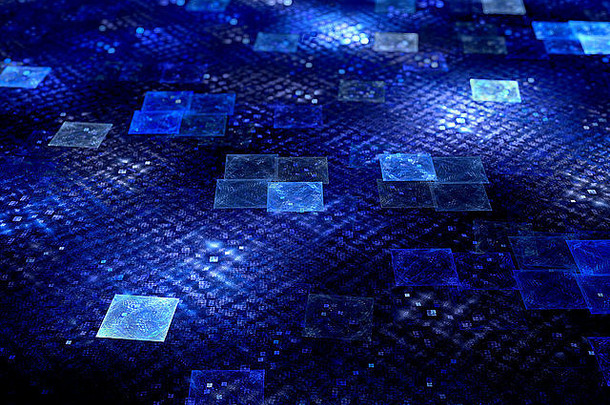 蓝色的发光的广场元素空间电脑生成的摘要背景