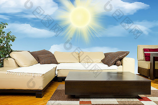 空生活房间角沙发dinner-wagon低表格室内现代经典设计蓝色的天空云