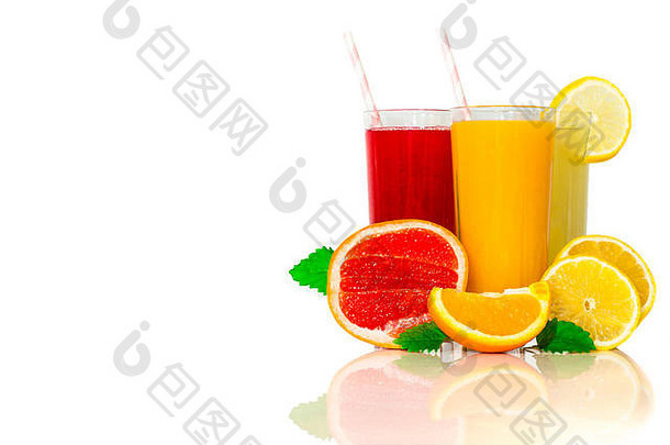 健康的水果冰沙橙色柠檬葡萄饮料稻草喝健康汁生活方式概念