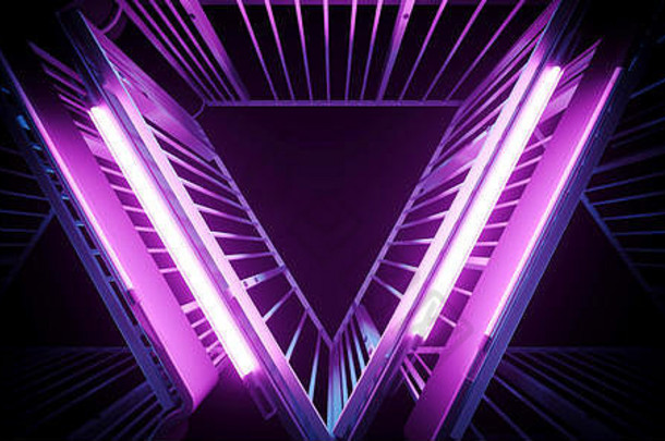 优雅的sci未来主义的详细的科技外星人发光的霓虹灯紫外线紫色的粉红色的蓝色的光三角形形状的金属结构黑暗黑色的回来