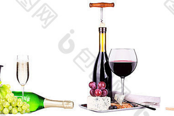 香槟红色的白色酒冰桶食物葡萄孤立的白色背景