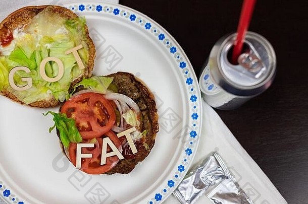 脂肪信多汁的汉堡不健康的吃垃圾食物概念