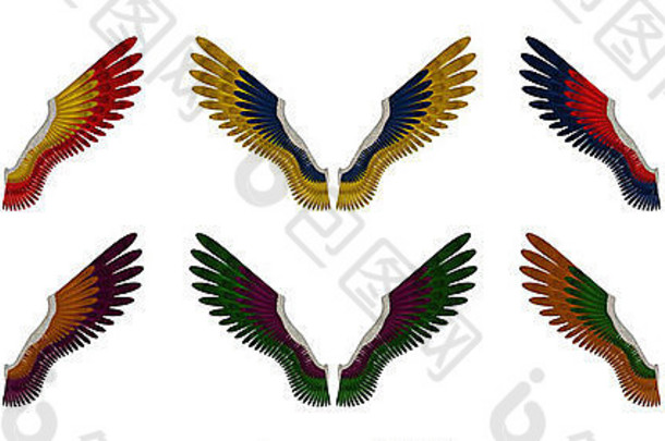 插图包不同的彩色天使翅膀红色的黄色的橙色蓝色的紫色的绿色白色背景
