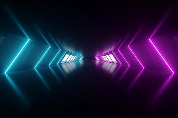 现代未来主义的sci外星人船反光黑暗空长走廊<strong>隧道</strong>大白色窗户紫色的<strong>蓝色</strong>的三角形形状的霓虹灯发光的林