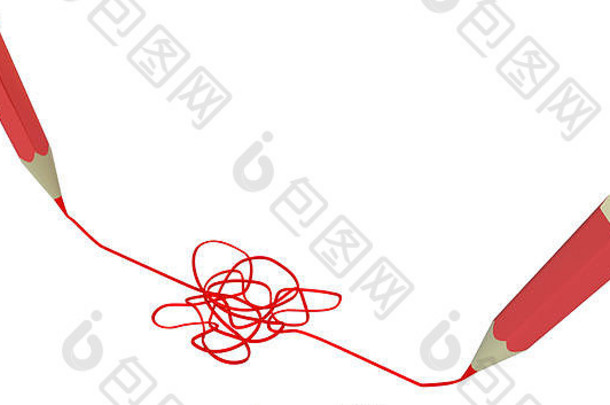 红色的铅笔画纠结插图水平白色孤立的