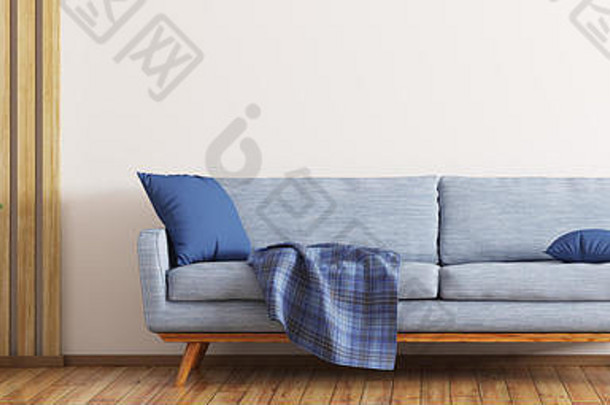 现代室内生活房间蓝色的沙发植物白色墙木镶板全景呈现
