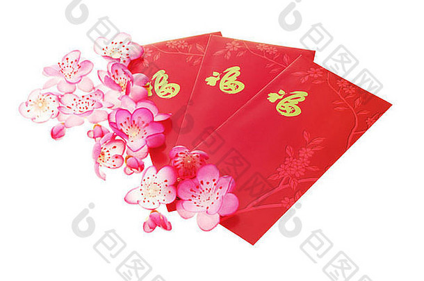 中国人李子花朵红色的包白色背景