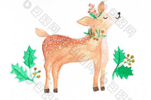 水彩插图可爱的鹿圣诞节主题