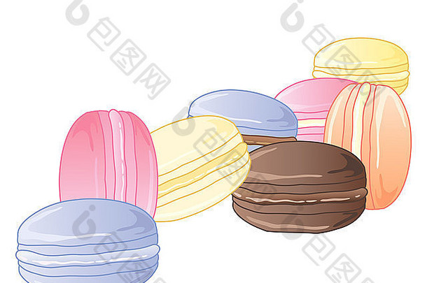插图色彩斑斓的蛋白杏仁饼干蛋白派奶油内部白色背景