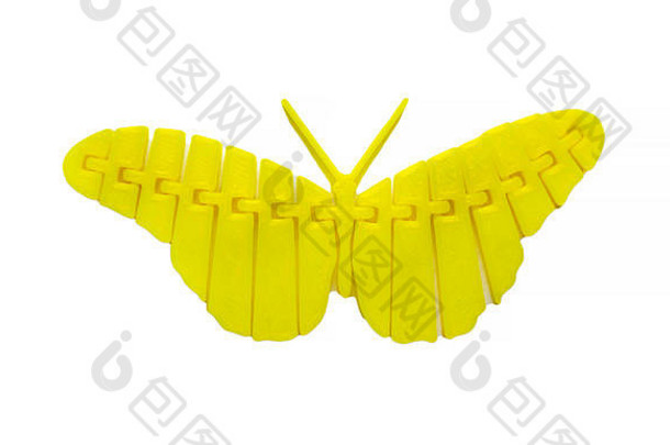 明亮的光黄色的对象形状蝴蝶玩具印刷打印机孤立的白色背景融合沉积建模fdm概念现代进步添加剂技术印刷
