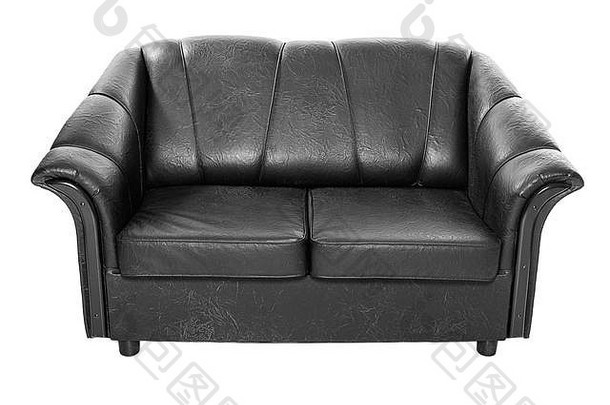 舒适的黑色的皮革沙发沙发上孤立的白色