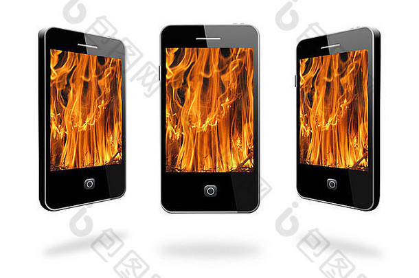 插图现代移动电话图片火焰白色背景