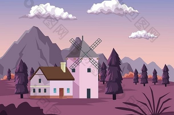 色彩斑斓的背景黎明景观场山房子风车
